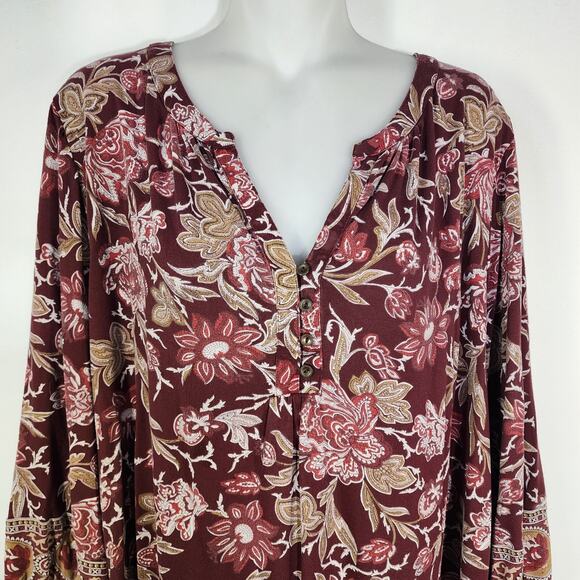 Lucky Brand Top Size 2X Womens Burgundy Floral Print Blouse Boho V Neck Border - Picture 3 of 13